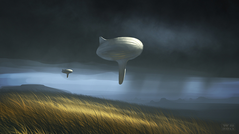 Illustration for article titled An airship emerges from the reddish clouds of dawn